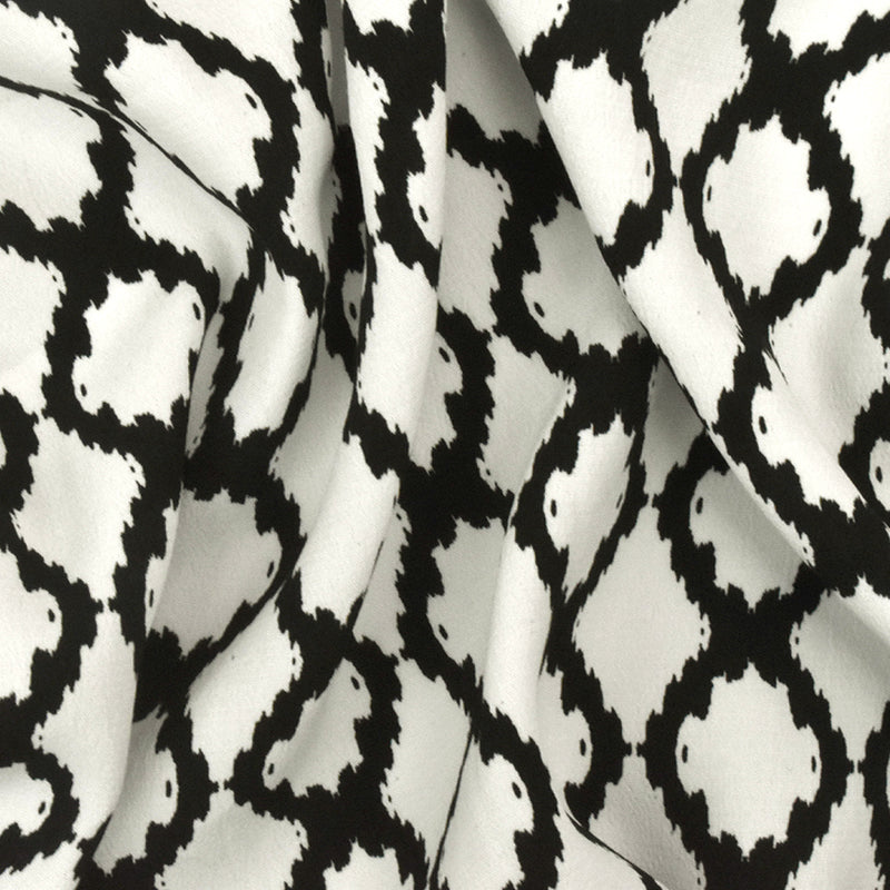Black-White Famous Designer Ikat Ogee Printed Cotton Crepe Faille Fabric
