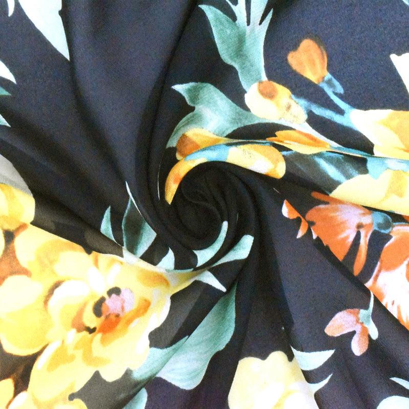 2 1/2 YD PC-Black-Multi Famous Designer Floral Print Viscose Chiffon Woven Fabric
