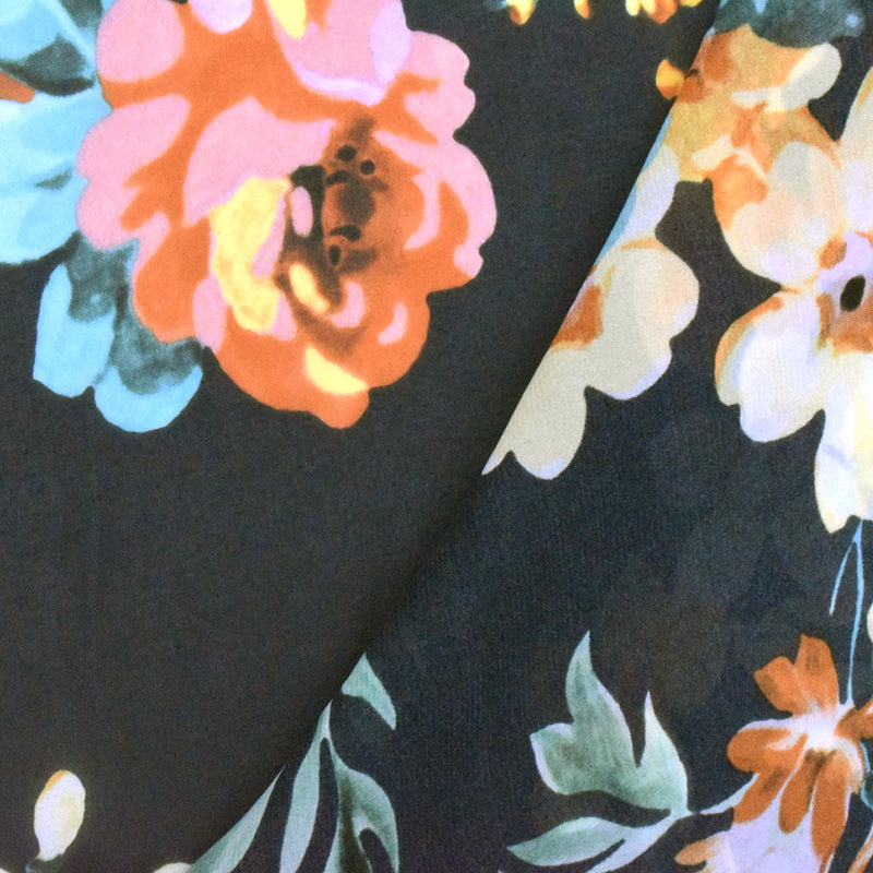 2 1/2 YD PC-Black-Multi Famous Designer Floral Print Viscose Chiffon Woven Fabric