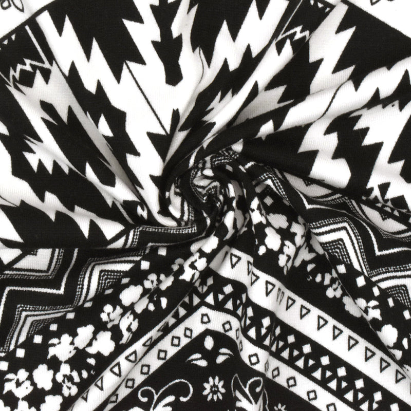 Black-White Chevron Multi Pattern Printed Double Brush Stretch ITY Knit