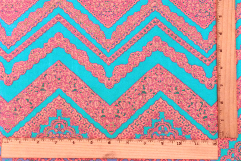 Aqua Teal-Neon Coral Lace Chevron Printed Double Brushed ITY Knit Fabric