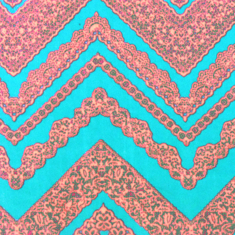 Aqua Teal-Neon Coral Lace Chevron Printed Double Brushed ITY Knit Fabric