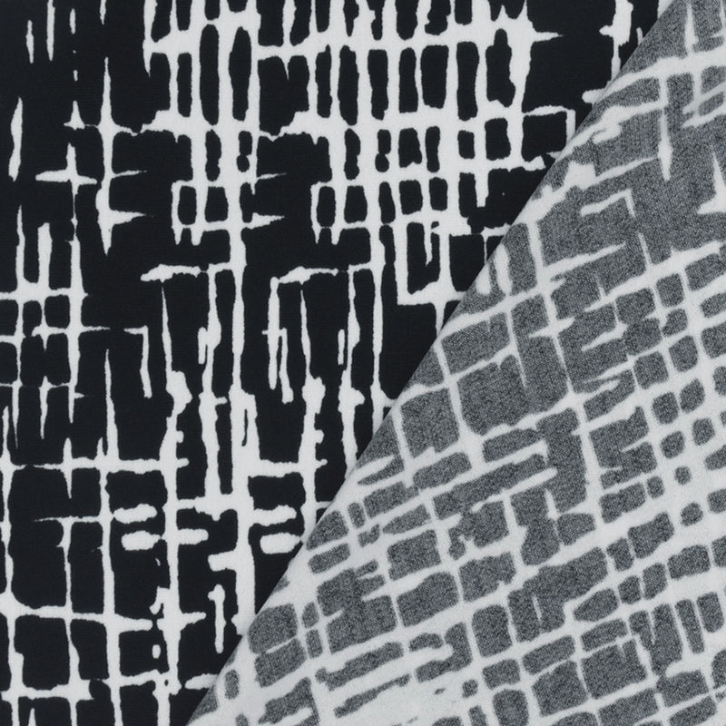 Black-White Famous Designer Abstract Cross Hatch Printed ITY Knit Fabric