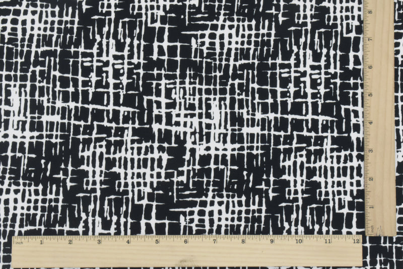 Black-White Famous Designer Abstract Cross Hatch Printed ITY Knit Fabric