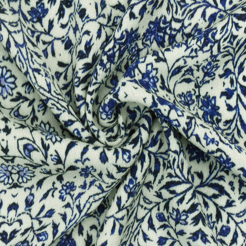 Blue-Beige Famous Designer Floral Trellis Printed Rayon Crepe Faille Fabric