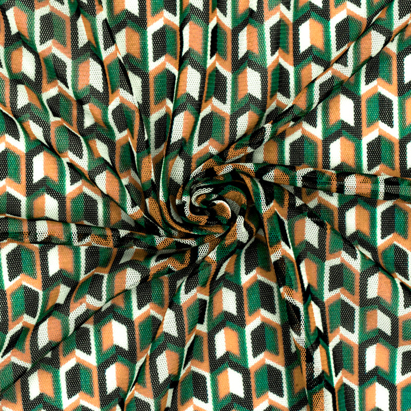 Green-White-Multi Arrow Printed Stretch Polyester Mesh Knit Fabric