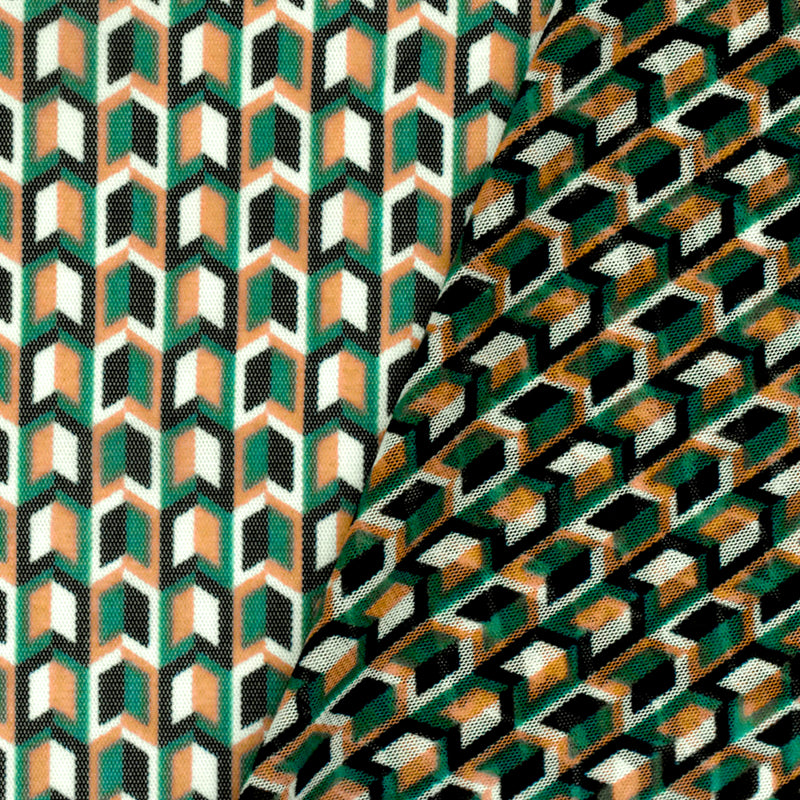 Green-White-Multi Arrow Printed Stretch Polyester Mesh Knit Fabric