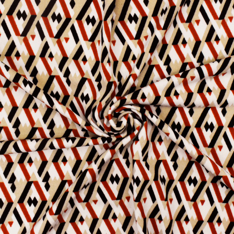Taupe Beige-Red-Multi Geometry 3D Printed Stretch Polyester ITY Knit Fabric