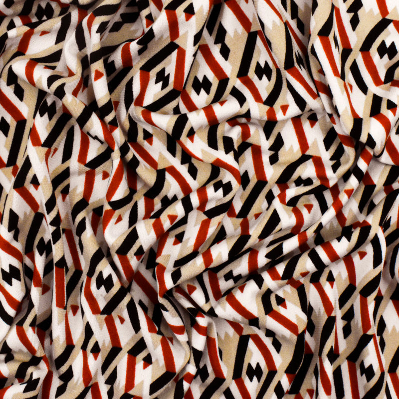 Taupe Beige-Red-Multi Geometry 3D Printed Stretch Polyester ITY Knit Fabric