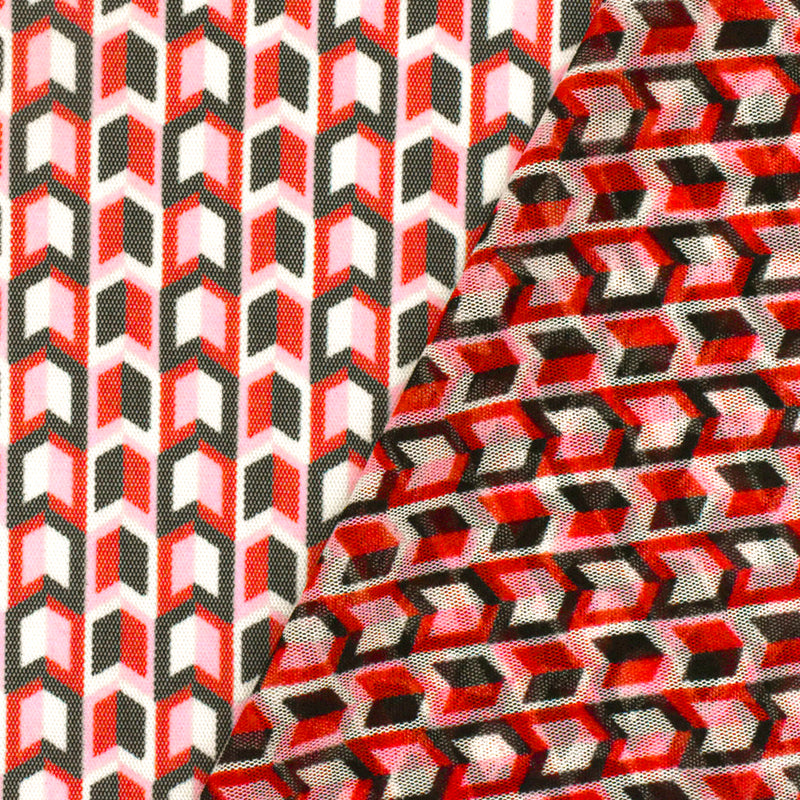 Red-Black-Multi Arrow Printed Stretch Polyester Mesh Knit Fabric