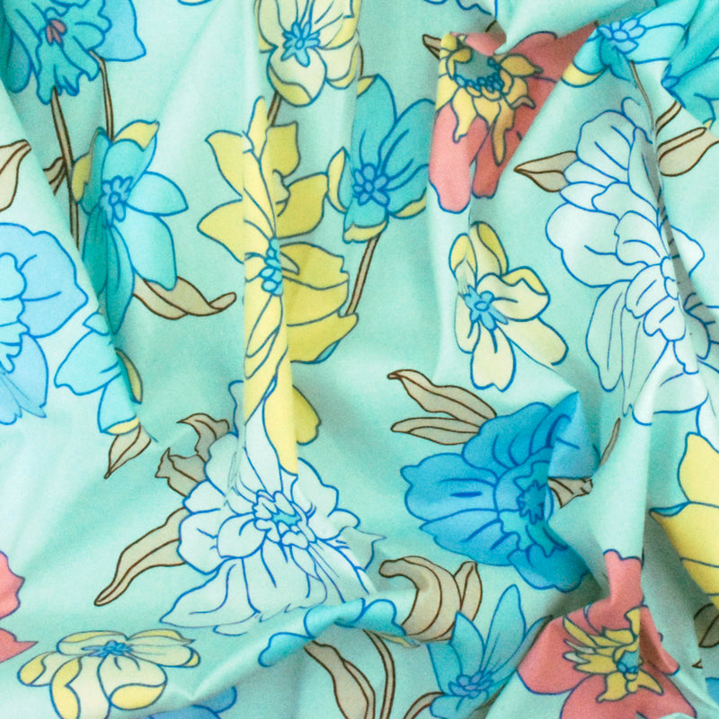 3 YD PC-Light Teal-White-Multi Floral Printed Stretch Cotton Poplin Woven Fabric