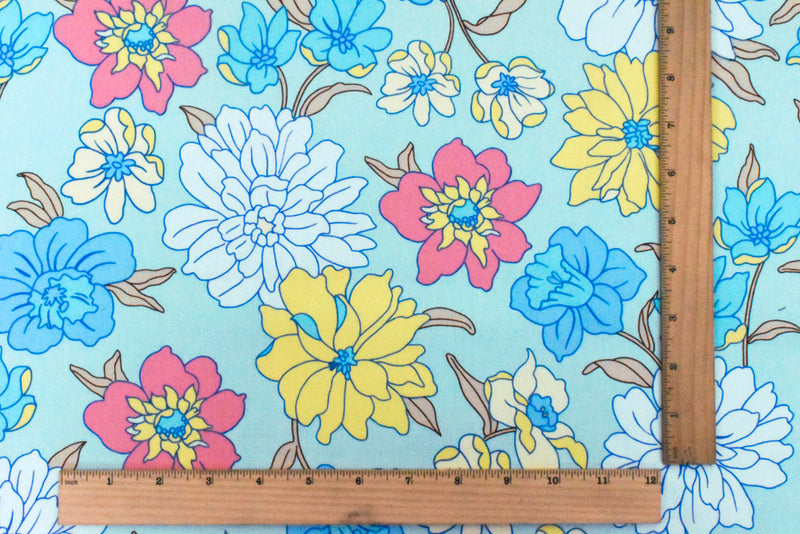 3 YD PC-Light Teal-White-Multi Floral Printed Stretch Cotton Poplin Woven Fabric
