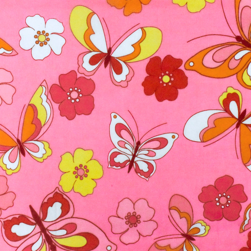 Pink-Multi Floral Butterfly Print Stretch Cotton Poplin Woven Fabric