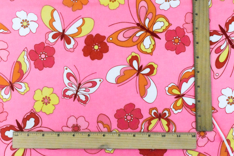 Pink-Multi Floral Butterfly Print Stretch Cotton Poplin Woven Fabric