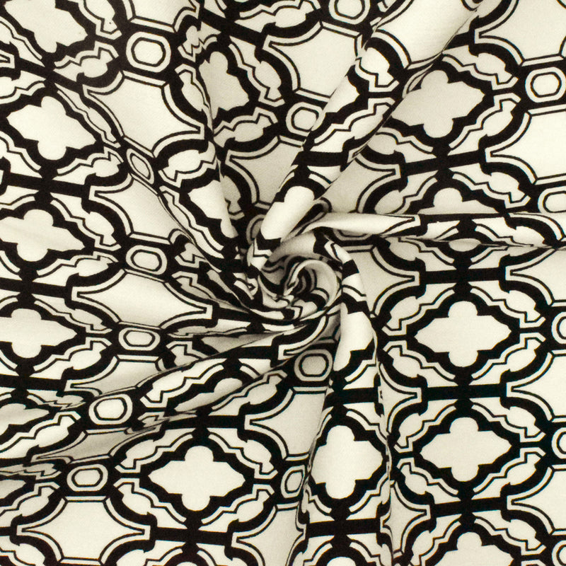 Ivory-Black Fancy Quatrefoil Printed Stretch Twill Woven Fabric