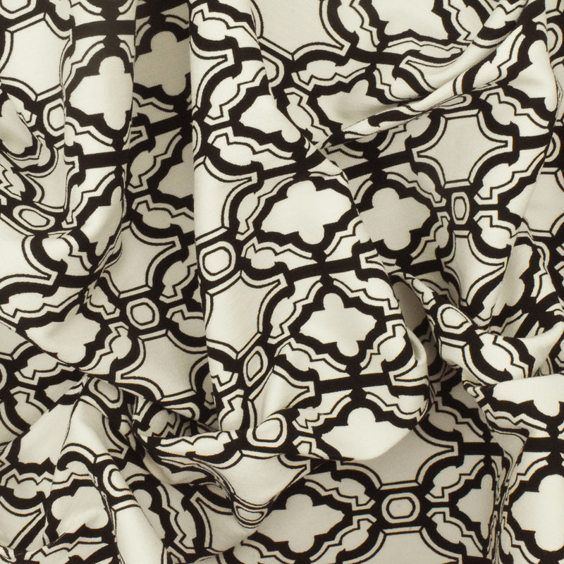 Ivory-Black Fancy Quatrefoil Printed Stretch Twill Woven Fabric