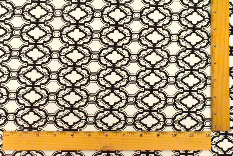 Ivory-Black Fancy Quatrefoil Printed Stretch Twill Woven Fabric
