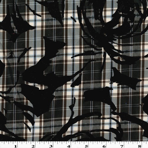Brown/Multi Velvet Flocked Floral Printed Plaid Shirting Fabric