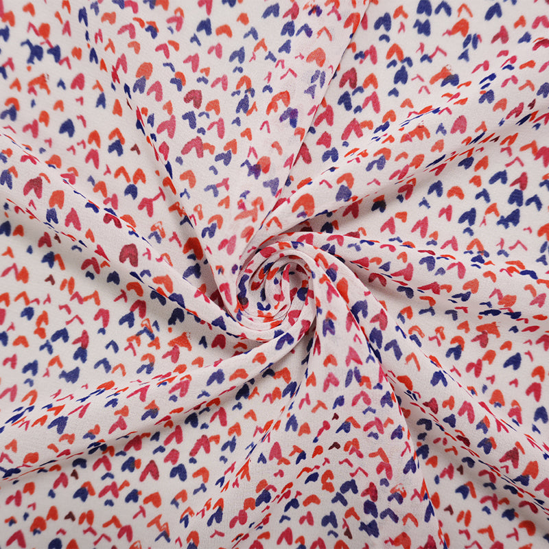 White-Red-Multi Poly Heart Printed Chiffon Woven Fabric
