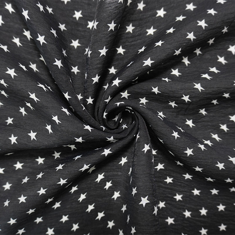 Black-White Nylon-Rayon Star Printed Crinkled Chiffon Yoryu Woven Fabric
