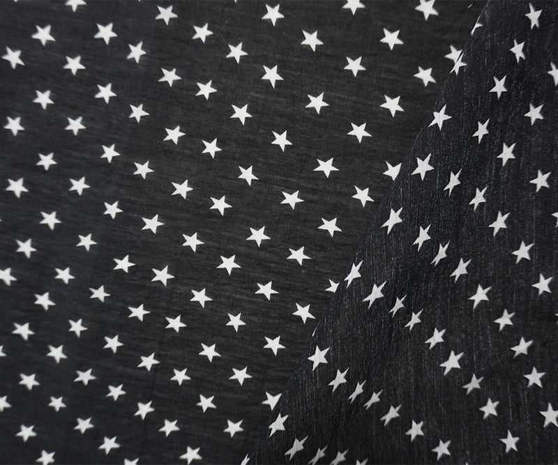 Black-White Nylon-Rayon Star Printed Crinkled Chiffon Yoryu Woven Fabric