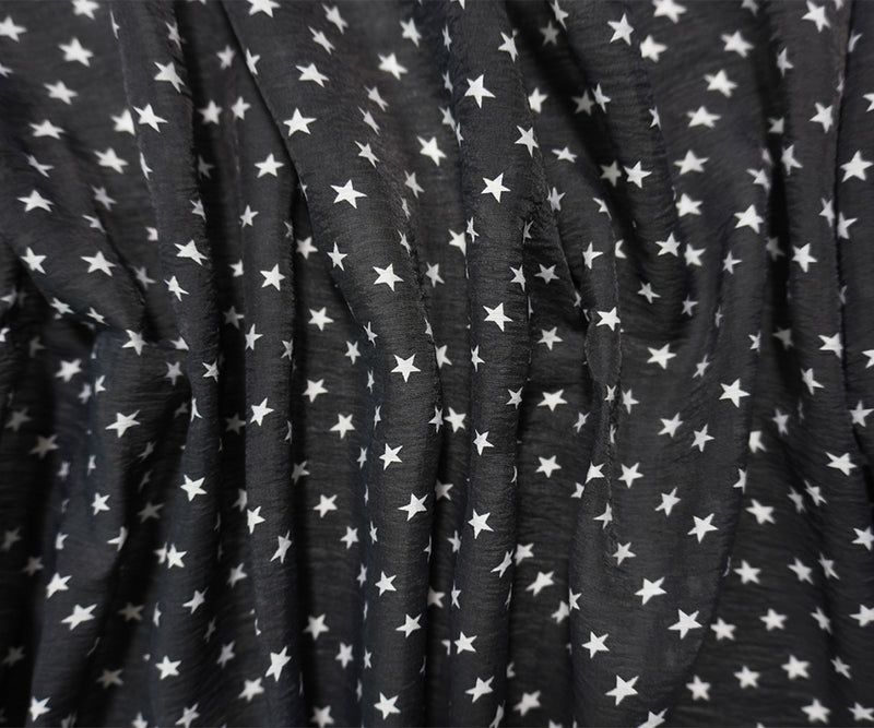 Black-White Nylon-Rayon Star Printed Crinkled Chiffon Yoryu Woven Fabric