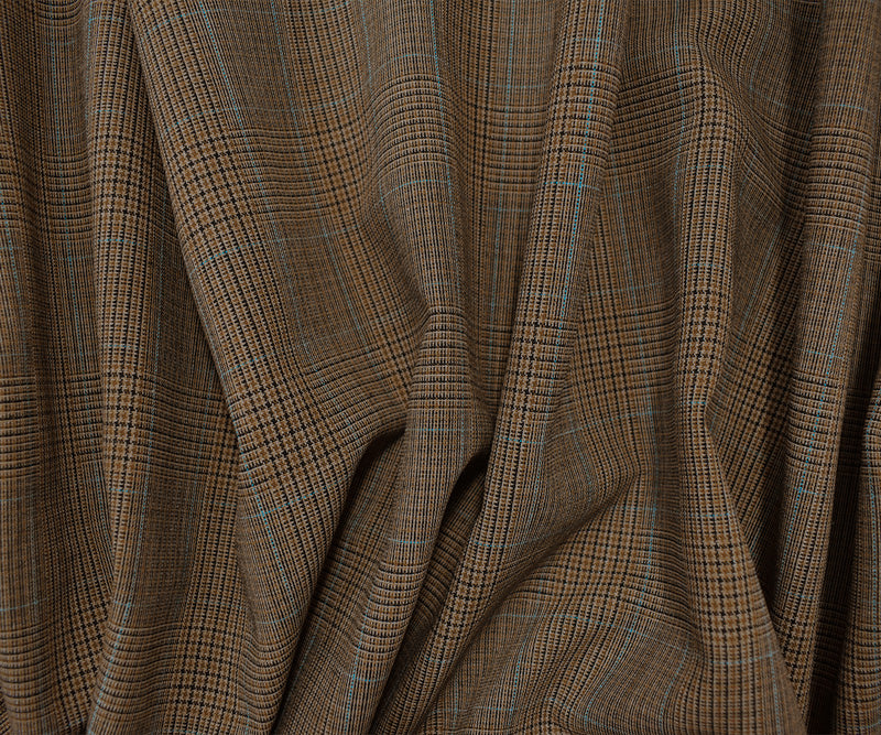 Brown-Blue-Black Tropical Poly Wool Plaid Woven Shirting Fabric