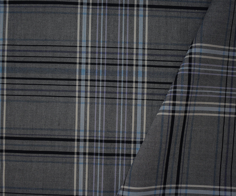 Black-Blue-White Poly Wool Japanese Plaid Woven Suiting Fabric