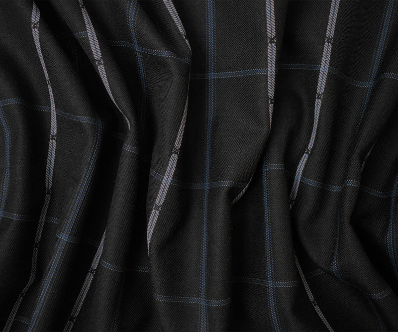 Black-Blue Poly Wool Japanese Plaid Twill Woven Suiting Fabric