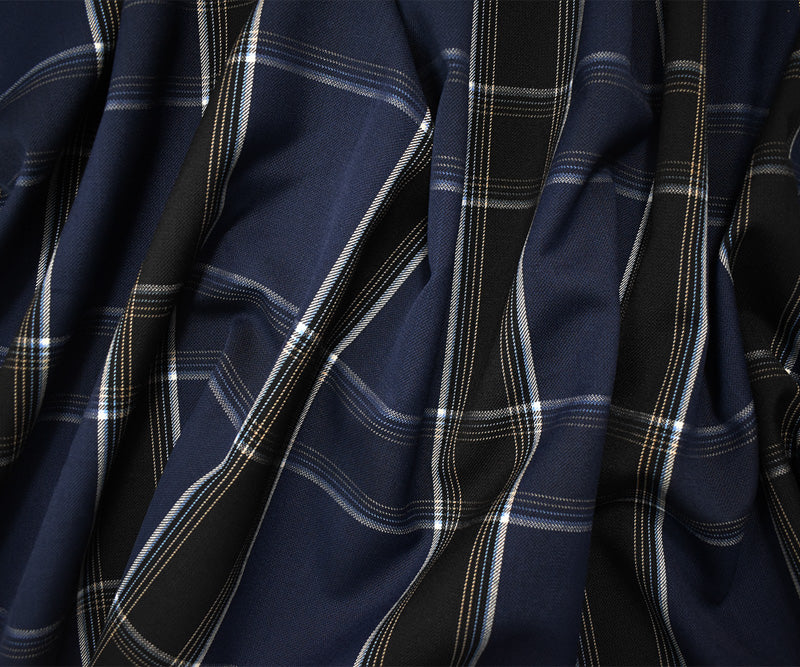 Blue-White-Yellow Poly Wool Japanese Plaid Twill Suiting Fabric
