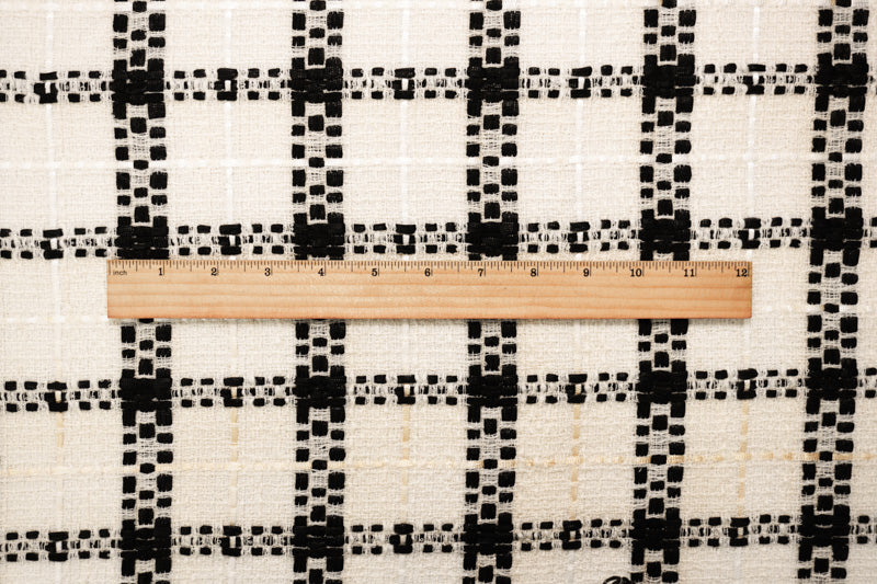 Ivory-Black Wool Nylon Plaid Tweed Woven Jacketing Fabric