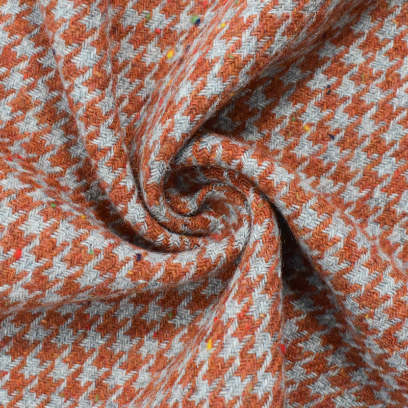 Orange-Gray Poly Wool Houndstooth Twill Woven Jacketing Fabric