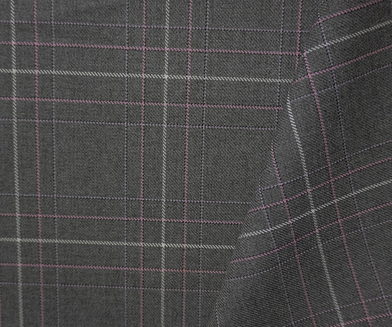Gray-Pink-Multi Poly Wool Plaid Twill Woven Suiting Fabric