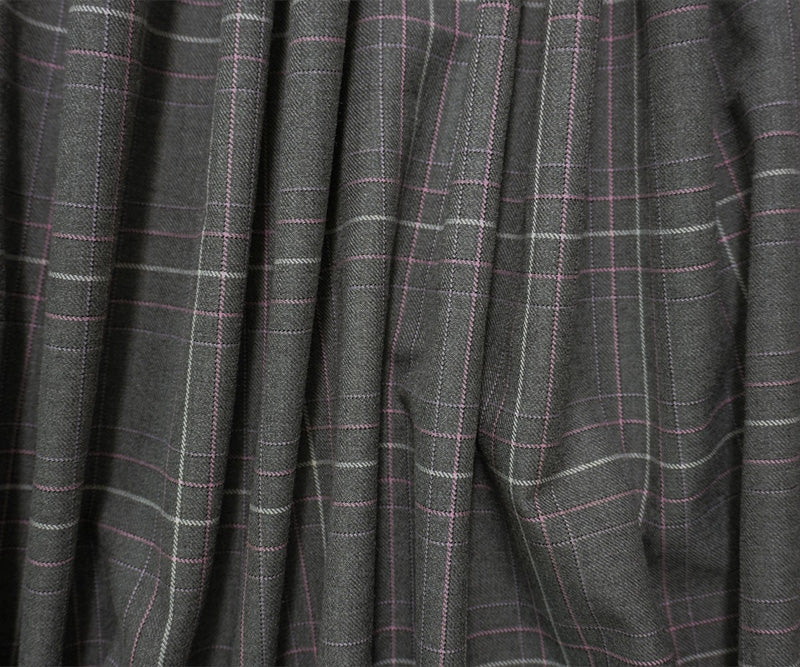Gray-Pink-Multi Poly Wool Plaid Twill Woven Suiting Fabric