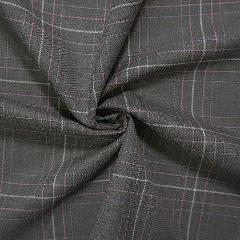 Gray-Pink-Multi Poly Wool Plaid Twill Woven Suiting Fabric