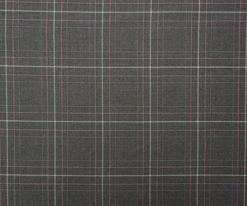 Gray-Pink-Multi Poly Wool Plaid Twill Woven Suiting Fabric