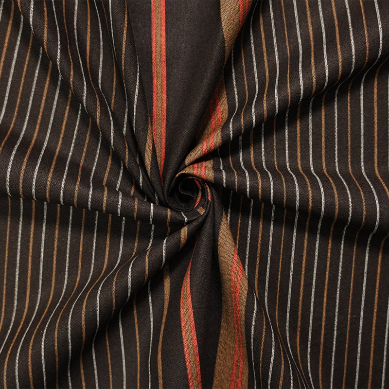 Brown-Red-Ivory Cotton Stripe Printed Woven Fabric