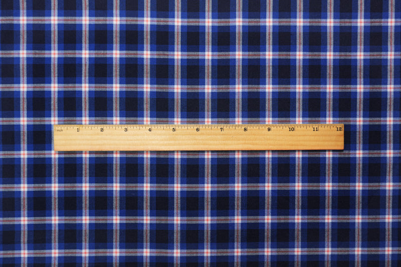 Blue-White-Orange Poly Wool Plaid Woven Shirting Fabric