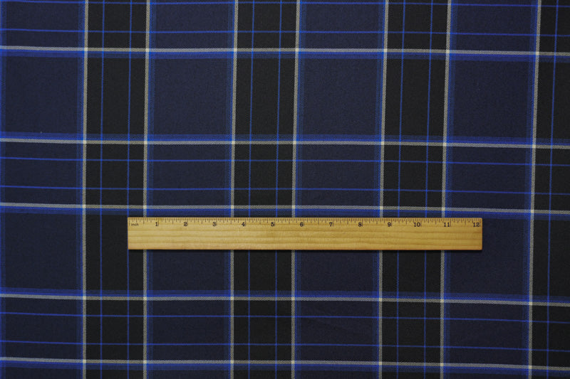 Blue-Black-White Poly Wool Plaid-Check Twill Woven Suiting Fabric