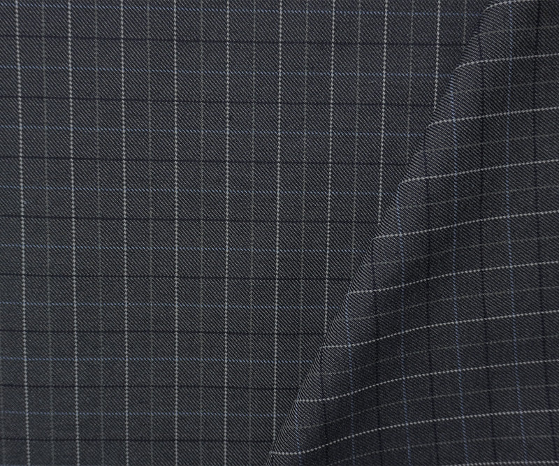 Gray-Blue Wool-Poly Check Twill Suiting Fabric