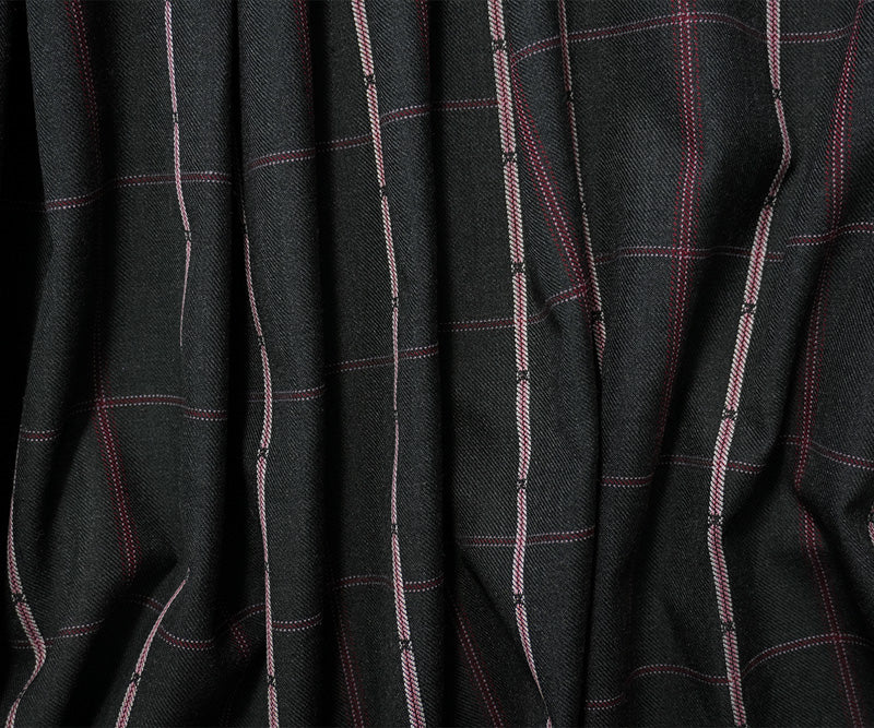 Black-Red-Multi Poly Wool Plaid-Check Twill Woven Suiting Fabric
