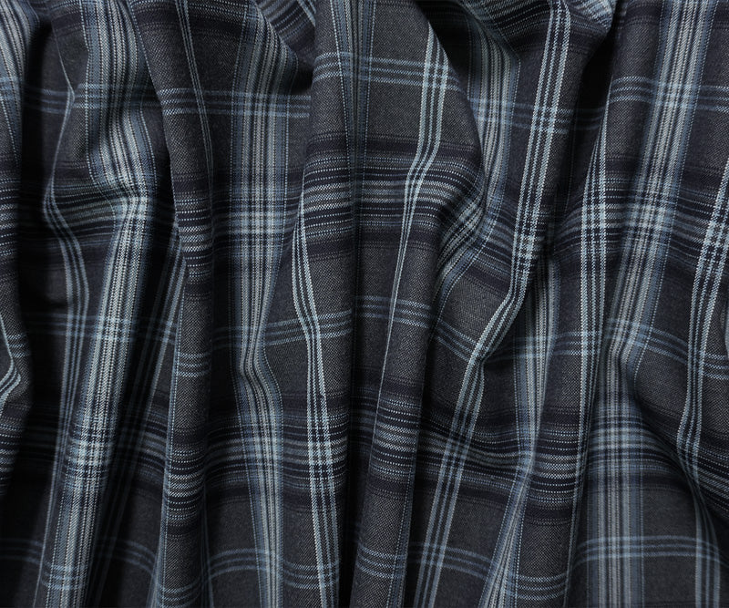 Gray-Blue-Multi Poly-Wool Plaid Woven Shirting Fabric