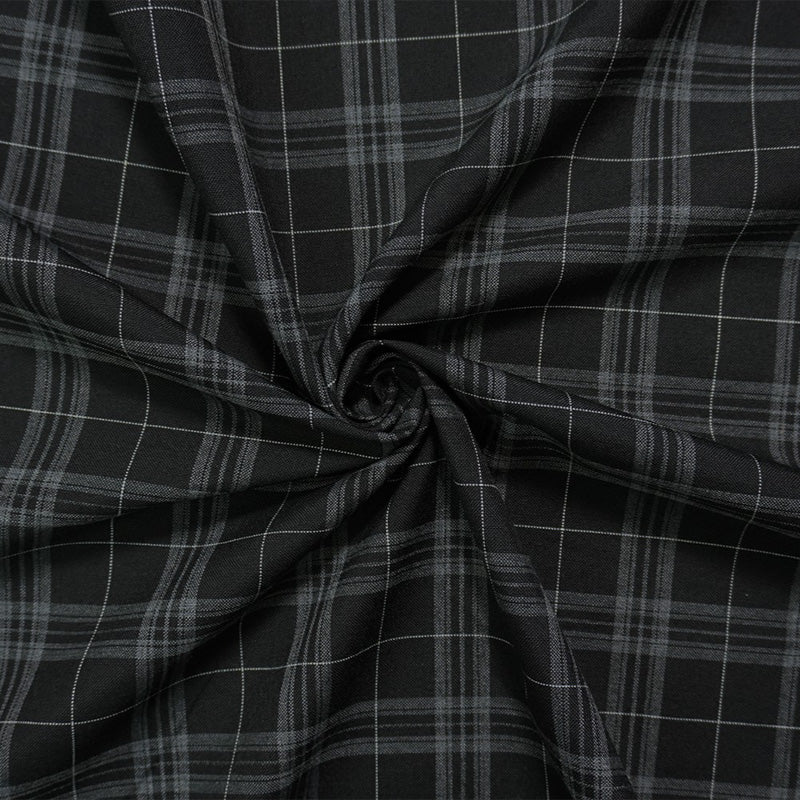 Black-Gray Poly Wool Plaid-Check Japanese Woven Shirting Fabric