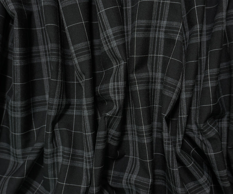 Black-Gray Poly Wool Plaid-Check Japanese Woven Shirting Fabric