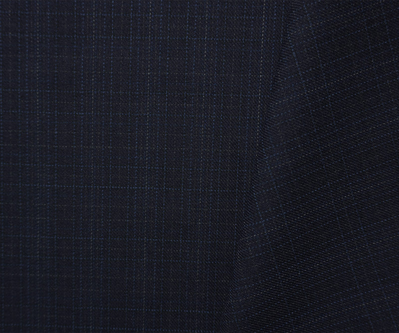 Blue-Beige Wool Poly Check Twill Suiting Fabric