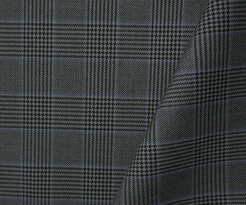 Gray-Black-Blue Poly Wool Plaid-Check Twill Woven Suiting Fabric