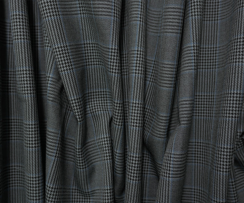 Gray-Black-Blue Poly Wool Plaid-Check Twill Woven Suiting Fabric