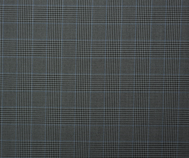Gray-Black-Blue Poly Wool Plaid-Check Twill Woven Suiting Fabric
