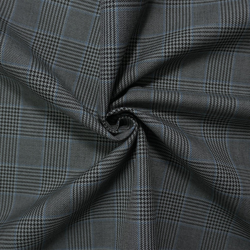 Gray-Black-Blue Poly Wool Plaid-Check Twill Woven Suiting Fabric