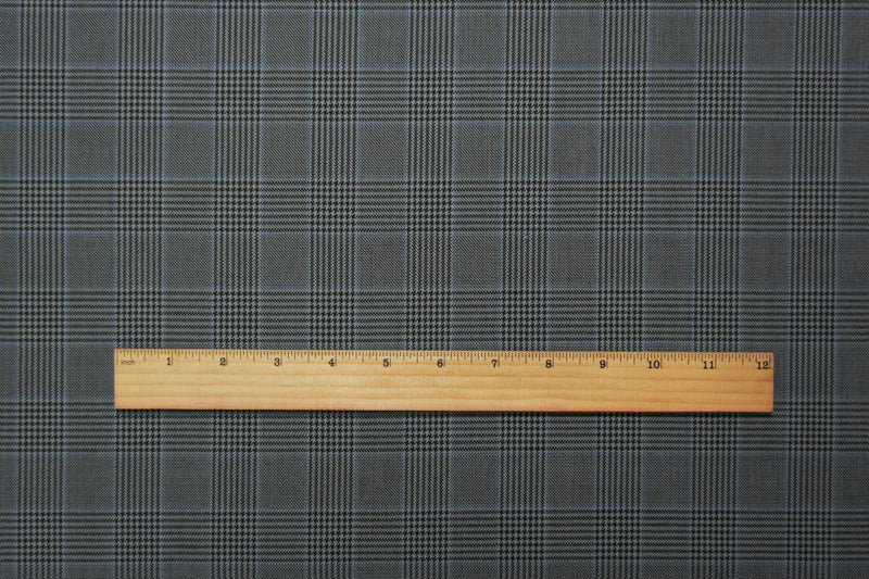 Gray-Black-Blue Poly Wool Plaid-Check Twill Woven Suiting Fabric